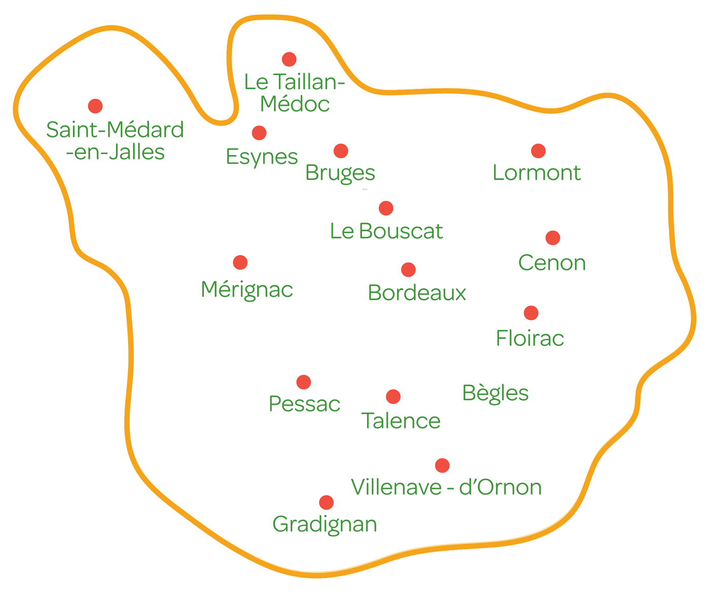 Carte du territoire d'intervention de HAD Grand Bordeaux : Bordeaux, Mérignac, Pessac, Talence, Bègles, Gradignan, Villenave-d'Ornon, Floirac, Cenon, Lormont, Le Bouscat, Bruges, Eysines, Saint-Médard-en-Jalles, Le Taillan-Médoc